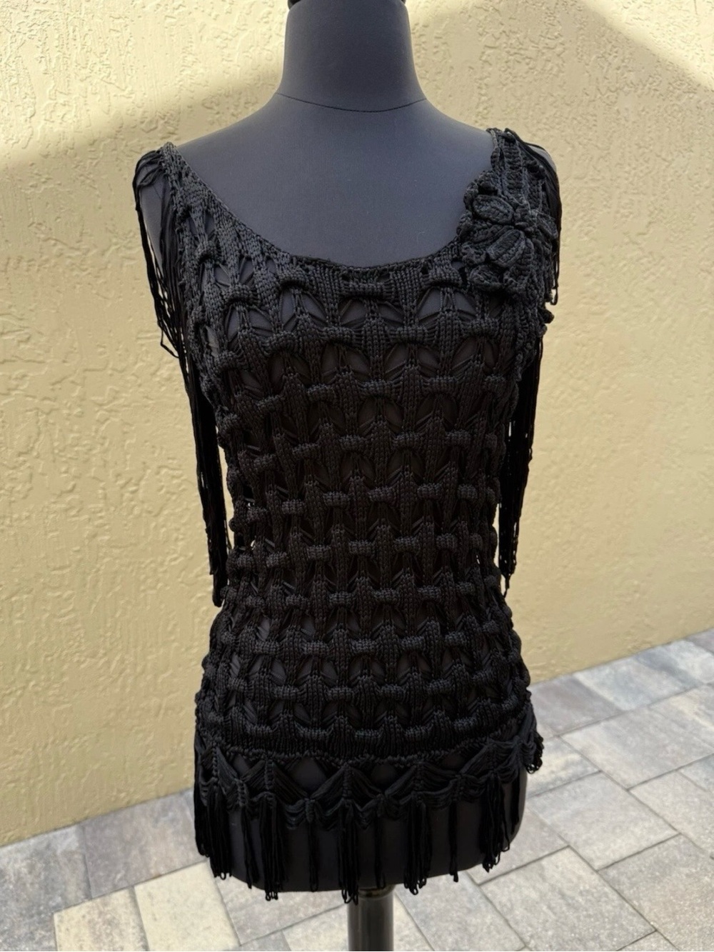 $895 Vintage Y2K CHRISTIAN LACROIX
Black Open Weave Knit Fringe Top Sz L